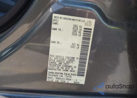 2022 Nissan Altima Sv Fwd из США, поврежденный, VIN 1N4BL4DV5NN364380